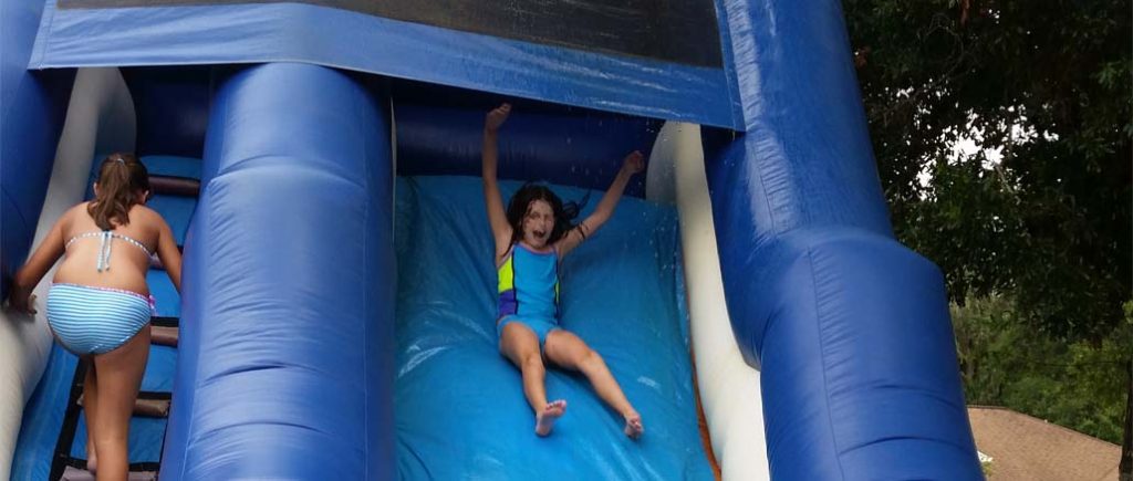 Dolphin waterslide rental wiht girl sliding down in Port Orange Florida