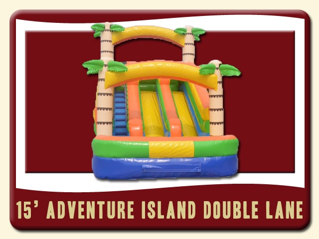Adventure Island Double Lane 15' Water Slide w/ Pool Rental - Tropical peach, green & blue