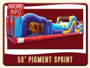 50' pigment sprint inflatable obstacle course. Purple, blue, yellow & red - More Info