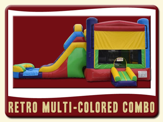 Retro multi-colored of red, green, yellow & blue. Water slide & a bounce house