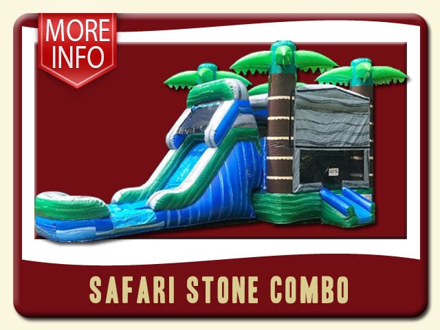 Safari inflatable combo with palm trees, a slide, and pool – Blue, Green, and stone-colored - More Infio