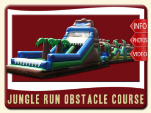 Jungle Run Obstacle Course Rental, Water Slide, Rock Wall, Inflatable, Palm Tree, Brown, Blue, Green