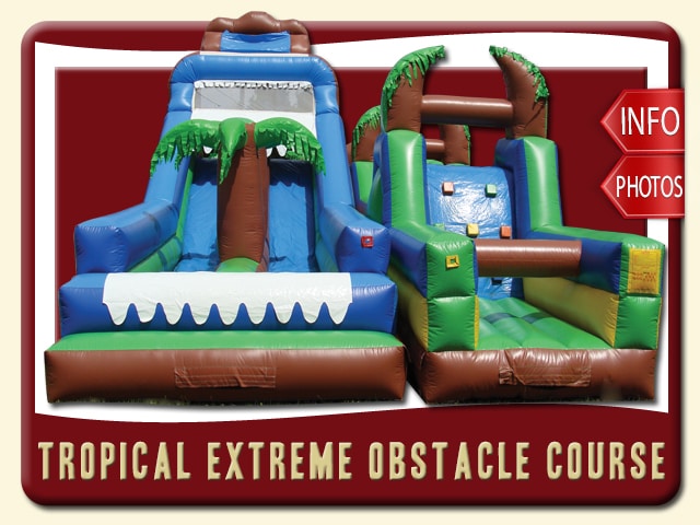tropical extreme dual water slide inflatable obstacle course deland price blue brown yellow green palm trees