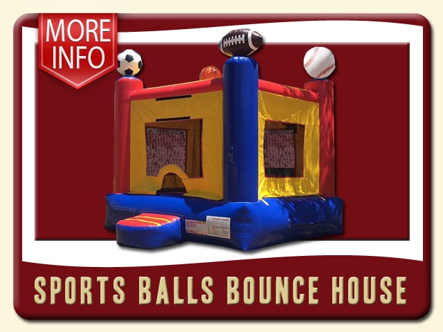 Sports Balls Bounce House Inflatable Rent with 3d footballs, basketballs, soccer balls and baseball. Red, Blue and Yellow