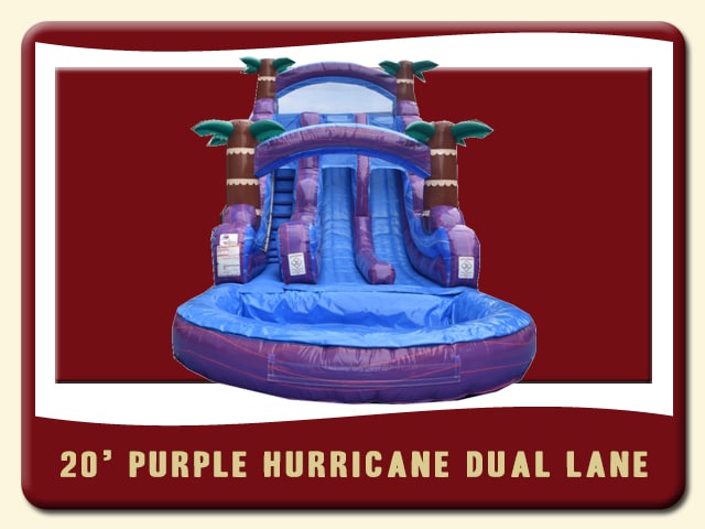 20 foot Inflatable Purple Hurricane Dual Lane Water Slide with Pool Rentals - Purple & Blue with 3d Palm Trees