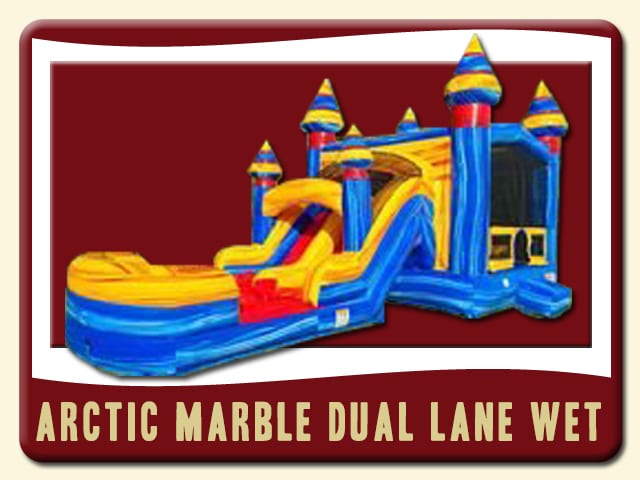Arctic Marble Bounce House & Slide Dual Lane Combo Inflatable Rental - blue, yellow and red