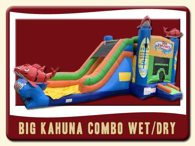 Big Kahuna Combo Slide with bounce house Inflatable Rental w/ 3d Fish & surfboard - Blue, yellow, orange, and green