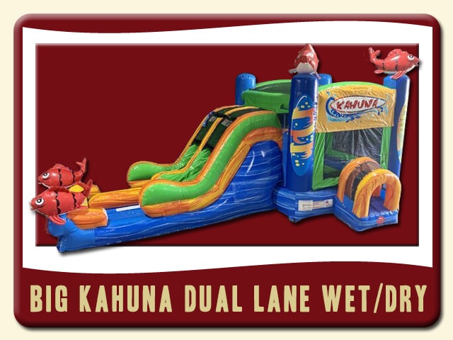 Big Kahuna Dual Lane Combo Inflatable Rental w/ 3d Fish and surfboard - Blue, yellow, orange, and green.
