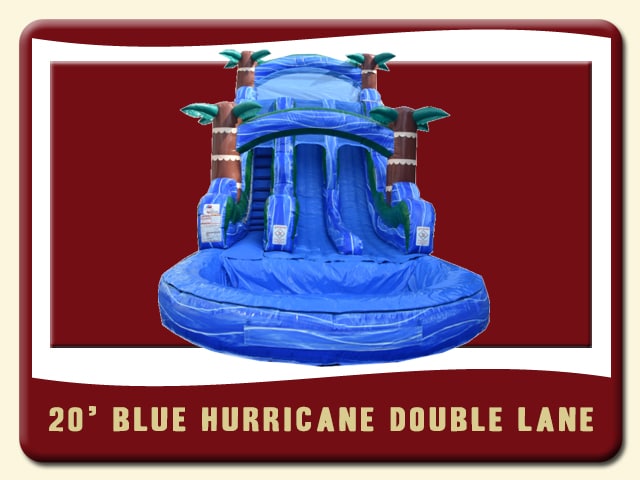 Blue Hurricane Double Lane Water Slide Pool Inflatable Rent - blue wave water look and 3d Palm Trees