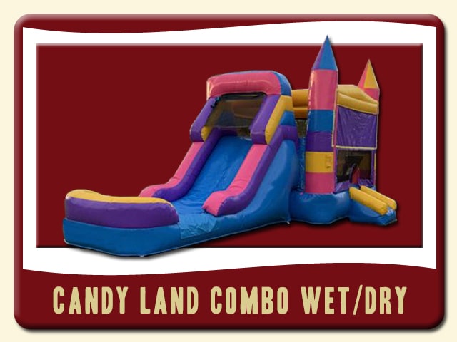 Candy Land Combo Bounce house & Water Slide Rental - pastel colors of pink, blue, purple, and yellow for that candy land look