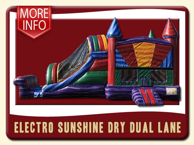 Electro Sunshine Dual Lane Dry Slide & Bounce House Combo Rent Red, Purple, Yellow, Orange, Blue and Green