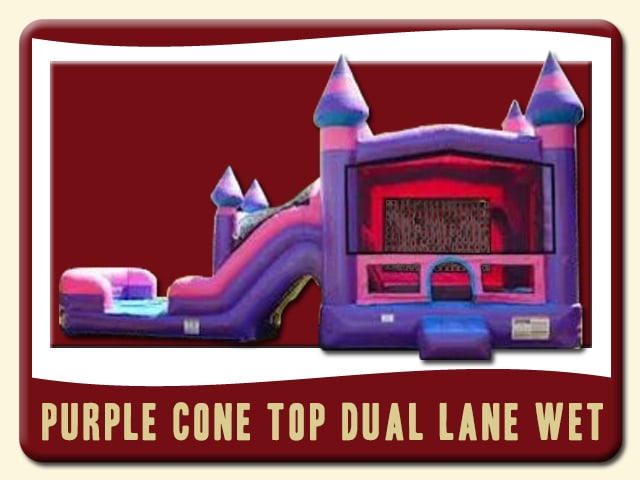 Purple Cone Top Dual Slide Combo inflatable moonwalk Rental- purple and pink colors, with more purple them pink