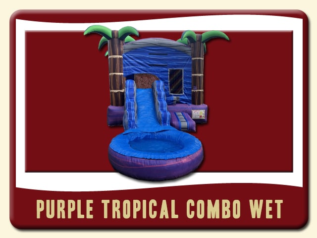 Purple Tropical Combo Wet Slide Rental - tropical look with brown and green palm trees on each corner - waving water print