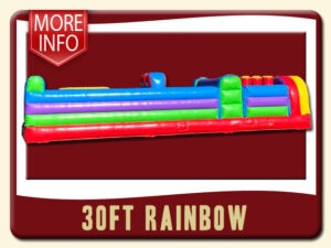 30' Rainbow Obstacle Course Rental - entire blowup rental looks like a rainbow on the sides with the colors red, green, purple, yellow & blue