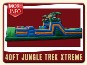 40ft Jungle Trek Xtreme inflatable obstacle course Rental is dark green, lime green, blue, fire orange and has two 3D palm trees at the top